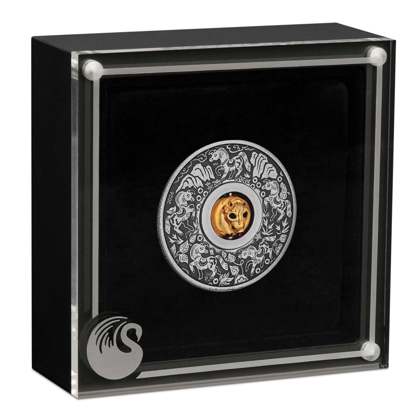 Year of the Horse Rotating Charm 2026 silver antiqued coin in case