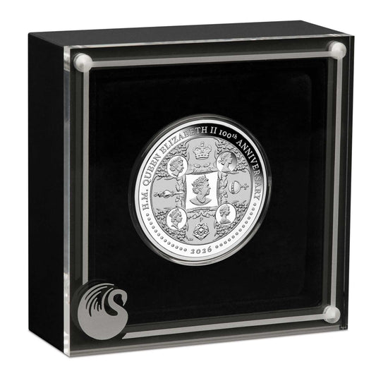 Queen Elizabeth II 100th Anniversary 2026 one-ounce silver proof coin in case