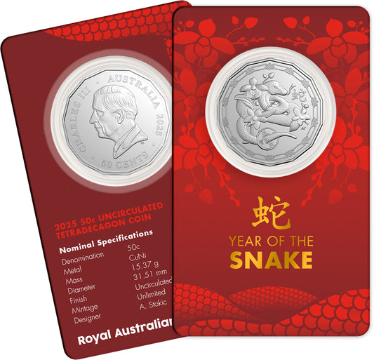 2025 Year of the Snake 50c tetradecagon coin in presentation card