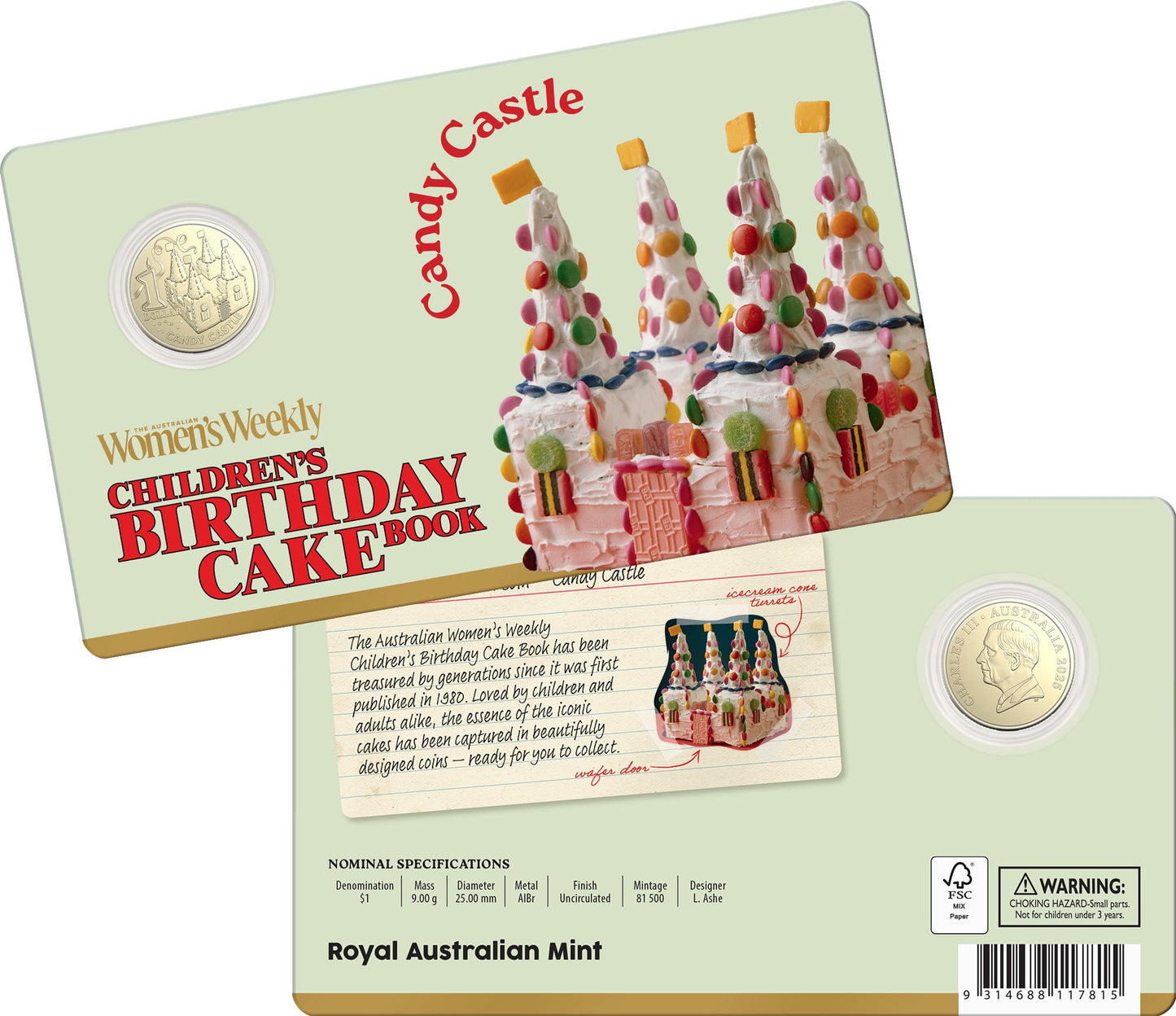 2025 Children’s Birthday Cake Book Candy Castle $1 uncirculated coin in card