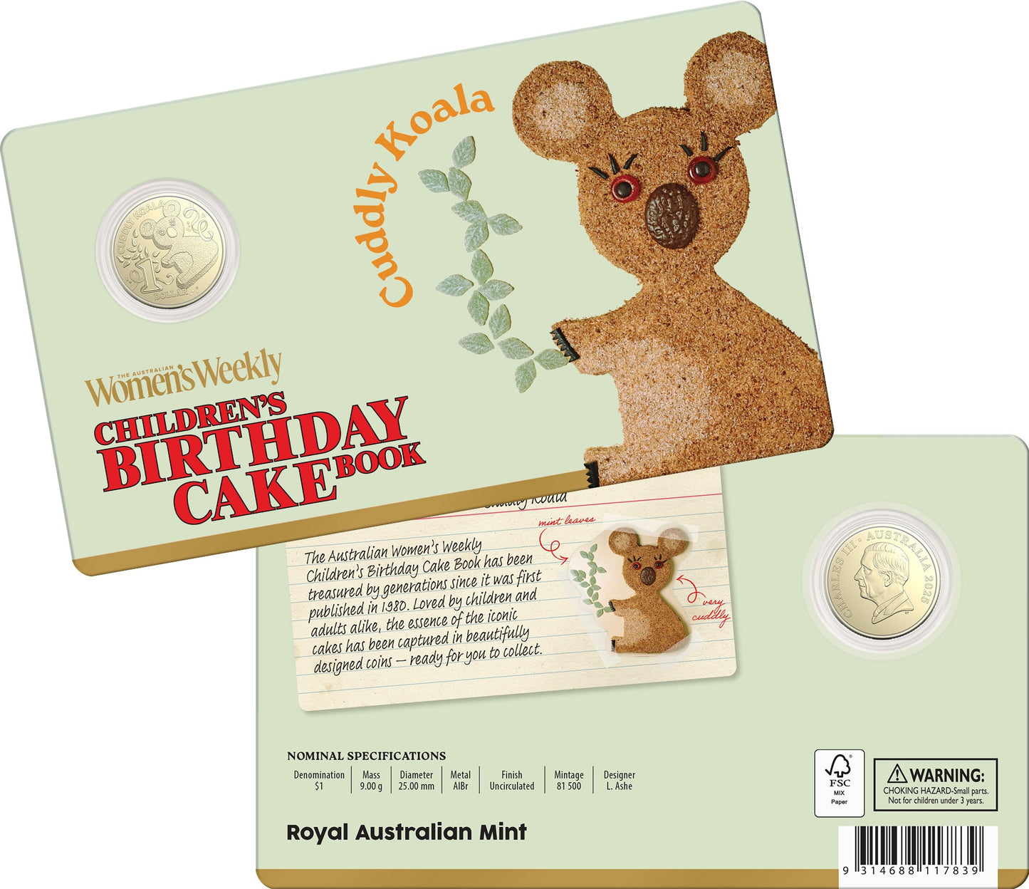 2025 Children’s Birthday Cake Book Cuddly Koala $1 uncirculated coin in card