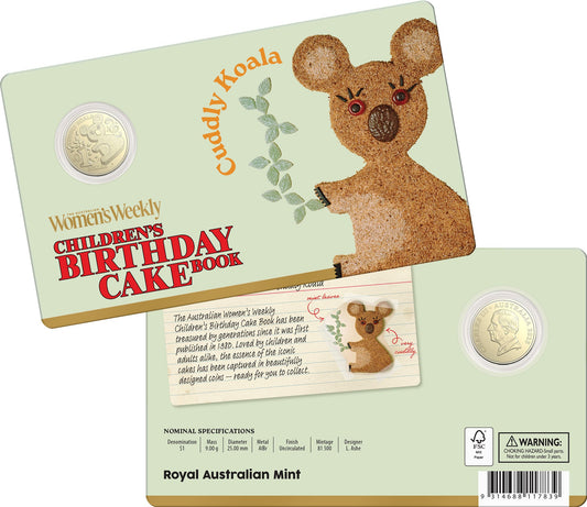 2025 Children’s Birthday Cake Book Cuddly Koala $1 uncirculated coin in card