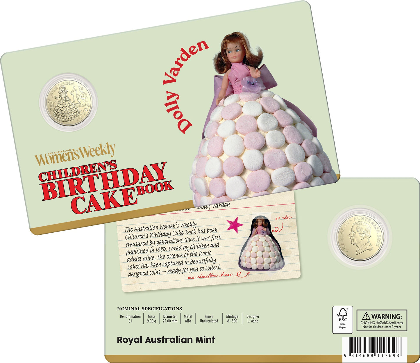2025 Children’s Birthday Cake Book Dolly Varden $1 uncirculated coin in card