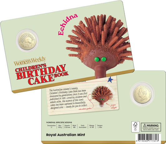 2025 Children’s Birthday Cake Book Echidna $1 uncirculated coin in card