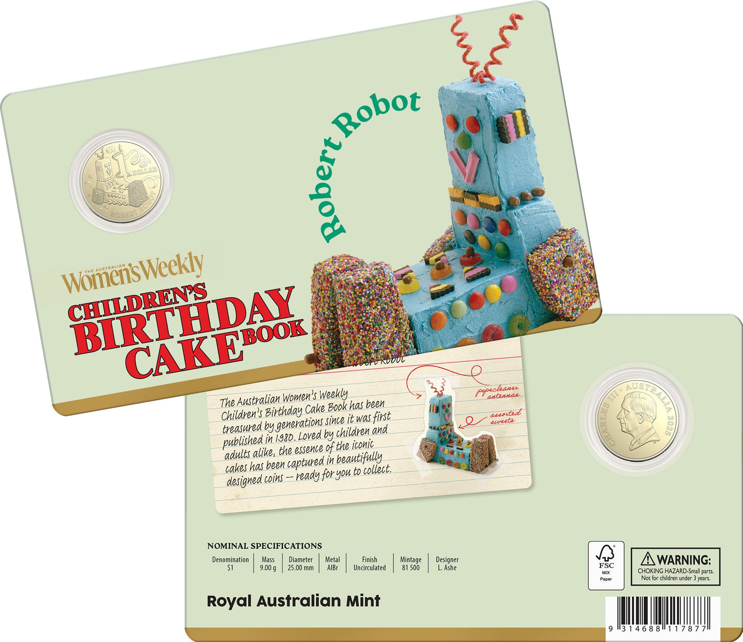 2025 Children’s Birthday Cake Book Robert Robot $1 uncirculated coin in card