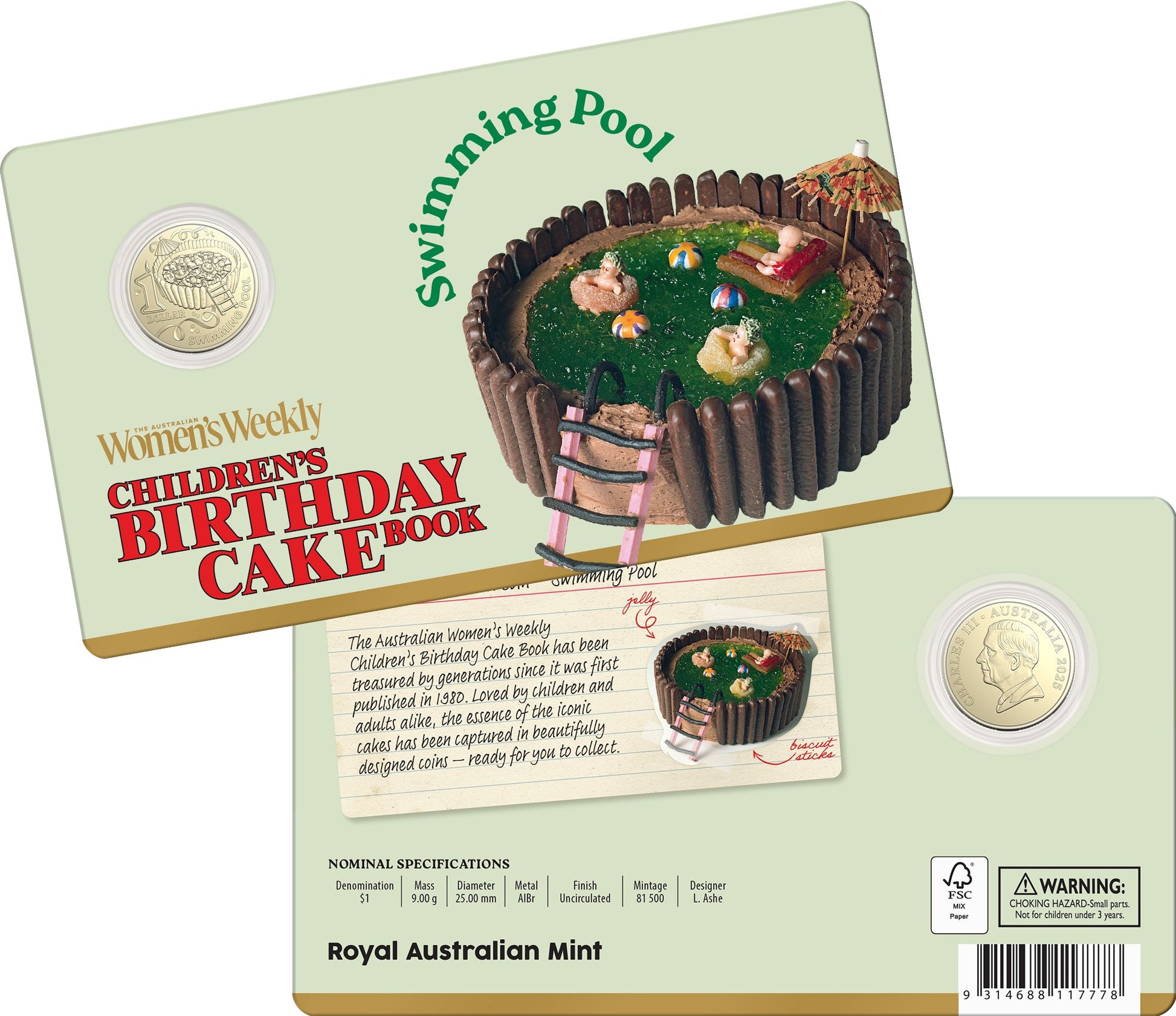 2025 Children’s Birthday Cake Book Swimming Pool $1 uncirculated coin in card