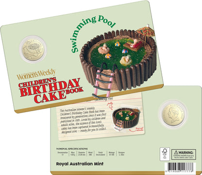 2025 Children’s Birthday Cake Book Swimming Pool $1 uncirculated coin in card