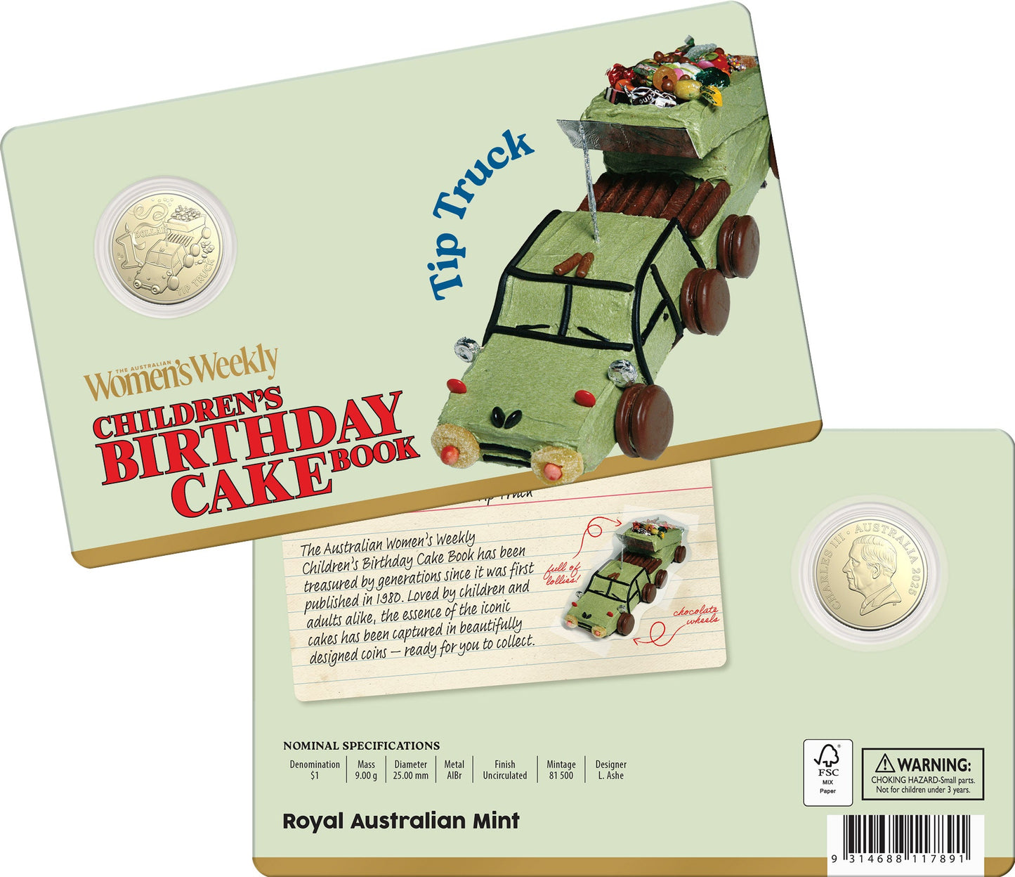 2025 Children’s Birthday Cake Book Tip Truck $1 uncirculated coin in card