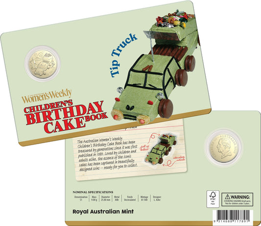 2025 Children’s Birthday Cake Book Tip Truck $1 uncirculated coin in card