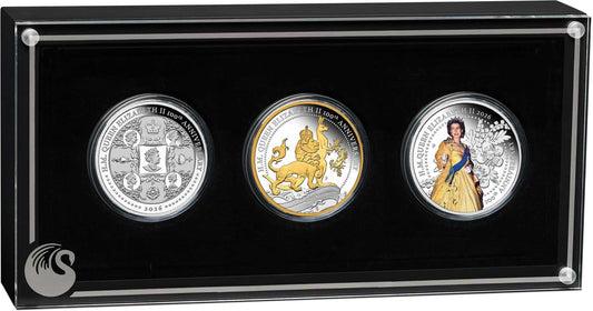 Queen Elizabeth II 100th Anniversary 2026 three-coin silver proof set in case